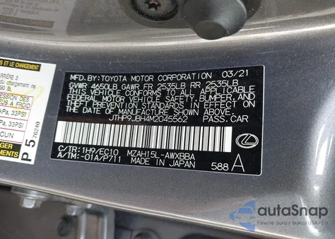 2021 Lexus Ux 250H z USA, uszkodzony, nr VIN JTHP9JBH4M2045562